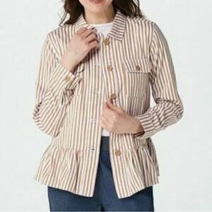 Denim & Co. Striped Button Up  Shirt/Jacket Peplum Hem Women L